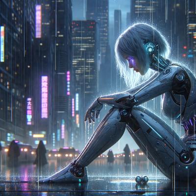 The primary subject of the image is a woman sitting on a street in a futuristic city. She is wearing a silver outfit and has a mechanical appearance. The setting is a rainy cityscape with a backdrop of tall buildings. The visual style is a combination of photo and digital art, creating a unique and intriguing atmosphere. The colors are predominantly dark, with the silver outfit and the rain creating a moody and futuristic mood.